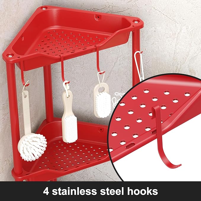 Orimade Rustproof 3 Tier Floor Standing Corner Shower Caddy Organizer, Plastic Metal Splicing Floor Corner Shelf Rack Stands for Bathroom, Red