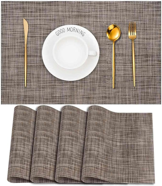 GIVERARE Placemats Set of 4, Heat-Resistant Woven Vinyl Placemat 12x18in, Non-Slip Washable PVC Table Mat, Easy to Clean Premium Plastic Mats for Dining, Kitchen Table (Caramel)