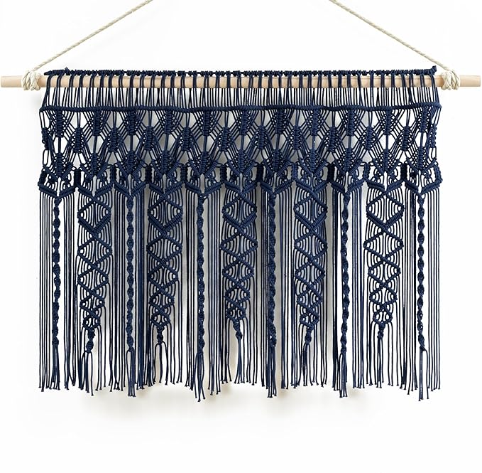 Lush Decor Boho Macrame Textured Cotton Valance, 40" W x 30" L, Navy - Boho Kitchen Curtains & Wall Decor - Macrame Valance - Bathroom Window Curtains