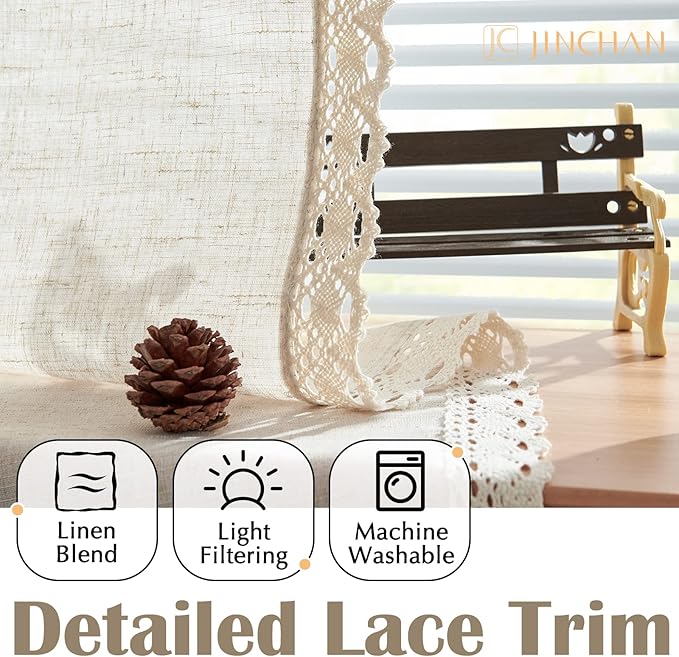 jinchan Linen Light Filtering Curtains 50W x 96L Inch Ecru for Living Room Farmhouse Boho Laced Curtains Back Tab Rod Pocket Drapes 2-Panel Set
