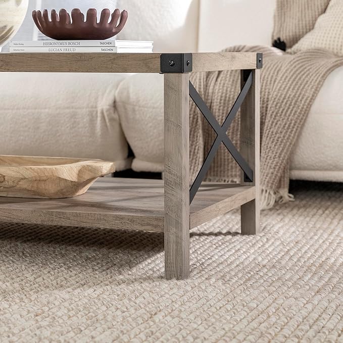 Walker Edison Sedalia Modern Farmhouse Metal X Coffee Table, 40 Inch, Grey Wash