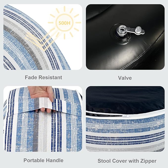 LVTXIII Inflatable Stool Ottoman Footrest with Handle, Decorative Fade-Resistant Foot Stool, Indoor or Outdoor Pouf for Home Garden and Camping Use, D21 x W 21 x H9, Stripe Layered Blue