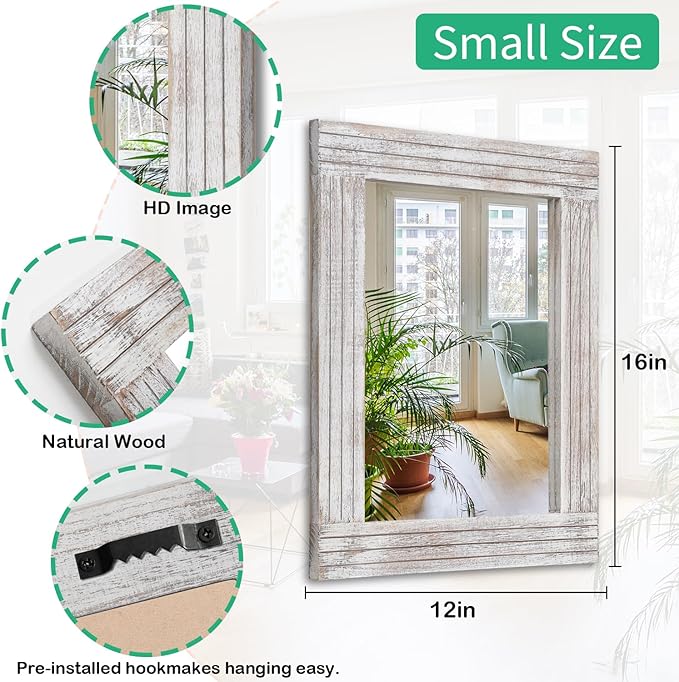 Mirrors for Wall Rustic Wooden Frame Rectangle Mirror Vintage Hanging Mirror for Bedroom Bathroom Living Room Farmhouse Wall Decor White Small 16" x 12 "
