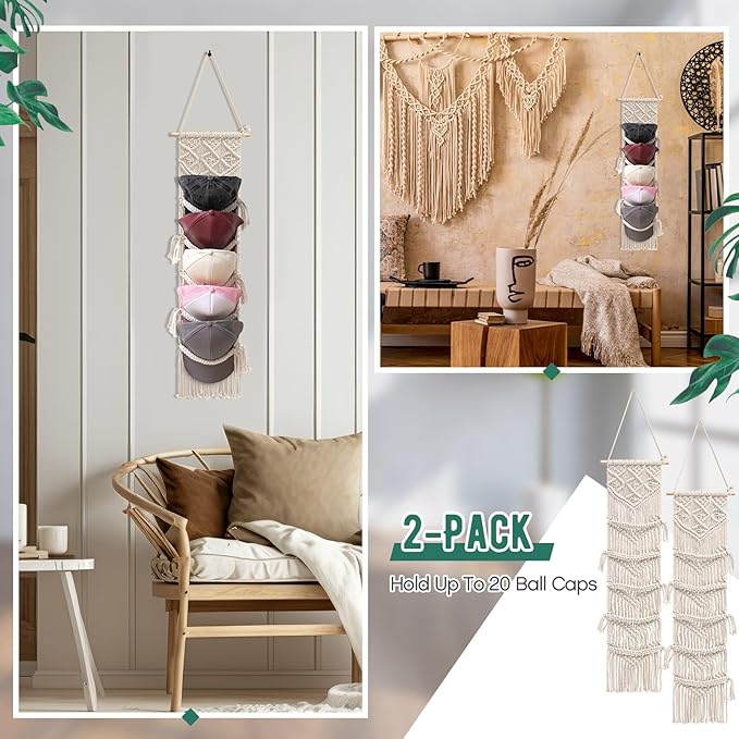 2 Pcs Baseball Cap Holder, Boho Macrame Hat Organizer for Wall, over the Door Hat Rack for Decoration and Display Handmade Hanger for Baseball Holder up to 20 Caps(White)