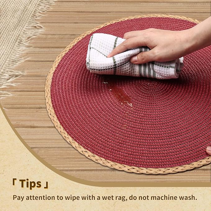 Noctiflorous Round Braided Placemats Set of 4 Table Mats 15 Inches Washable Heat Resistant for Dining Table Non-Slip Indoor Outdoor Place Mats for Thanksgiving Christmas Easter(Red Thin Edge 4)