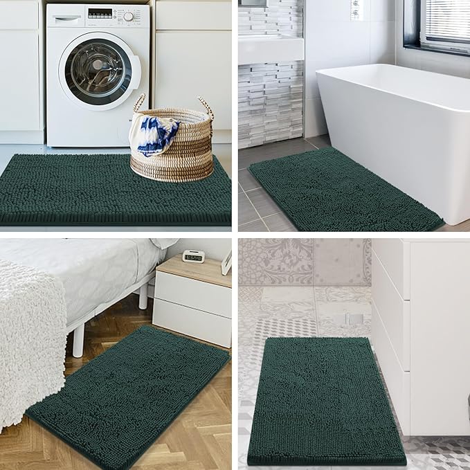 Smiry Luxury Chenille Bathroom Rugs 59x24, Extra Soft and Absorbent Shaggy Bath Mat, Machine Washable, Non-Slip Plush Carpet Runner for Tub, Shower, and Floor, Home Decor Accessories, Green