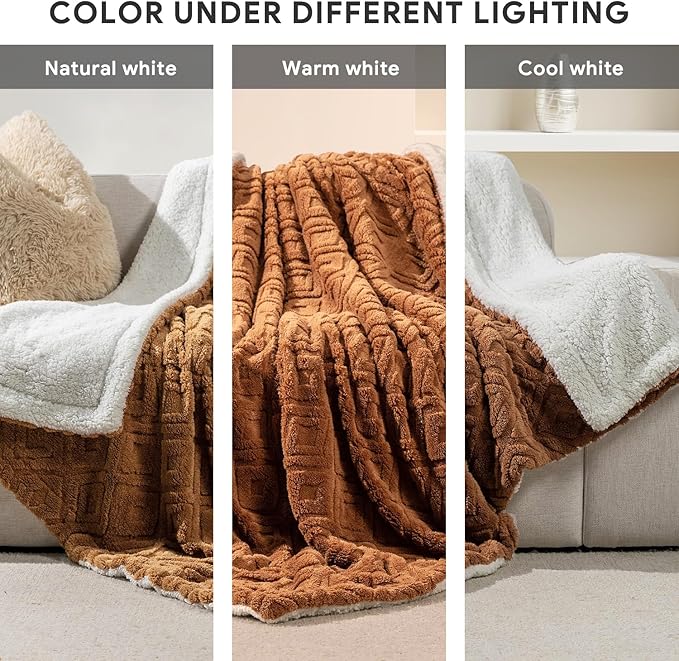 EVERGRACE Jacquard Boho Sherpa Fleece Throw Blanket for Couch, Super Soft Cozy Fuzzy Plush Blankets for All Seasons, Reversible Thick Warm Blanket for Bed, Sofa, Living Room, Burnt Orange, 50" x 60"