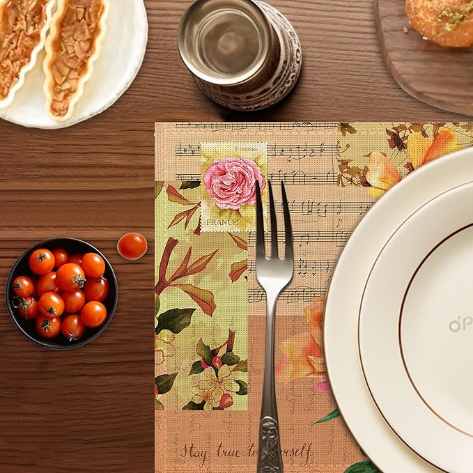 Vintage Roses Placemats Set of 6,Washable Heat Resistant 12×18 Inch Linen Table Mats Summer Flower Place Mats for Party Outdoor Dining Décor