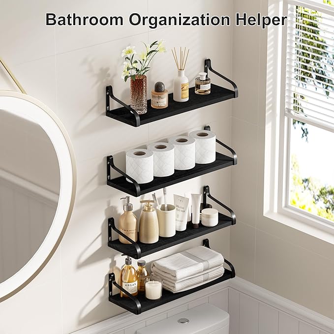 Love-KANKEI Black Floating Shelves for Wall Set of 4, 15.7 Inch Wood Wall Shelves with Bracket, Rustic Hanging Shelves for Bathroom, Bedroom, Kitchen,Living Room, Office Display