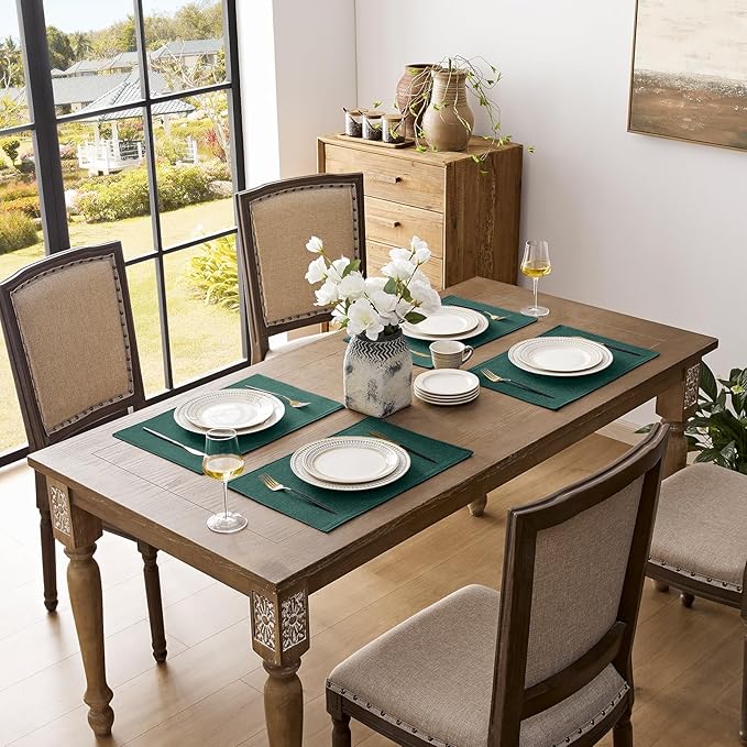 Romanstile Cloth Placemats Set of 8-12 x 18 Inch, Heat Resistant Double Layered Thickened Burlap Christmas Place Mats, Washable Linen Farmhouse Table Mats for Kitchen/Dining/Party/Outdoor, Green