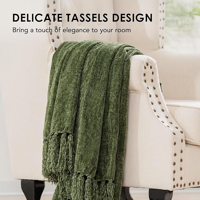 EVERGRACE Soft Chenille Throw Blanket for Couch, Cozy Plush Fuzzy Decorative Chenille Knit Throw Blanket with Tassels, Lightweight Blanket and Throws for Bed Sofa Gift Home Decor, Olive Green 60"x80"