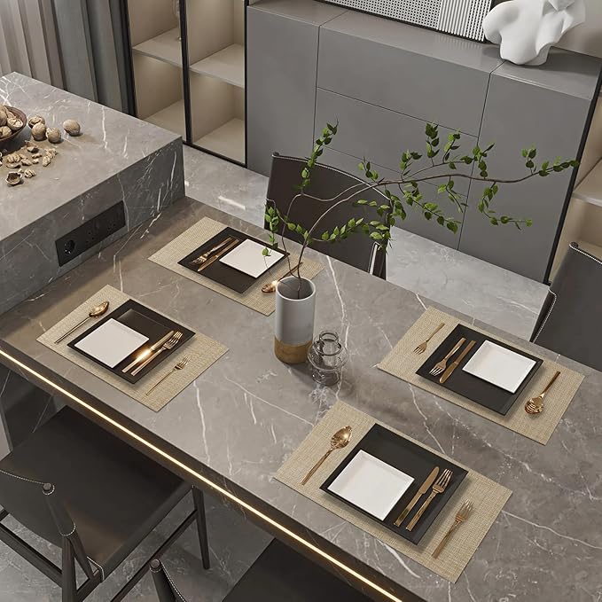 Beige Placemats Set of 8-Durable PVC Vinyl Woven Place Mats for Dining Table Heat Resistant Non-Slip Washable Indoor/Outdoor Table Mats 12 * 17 inch