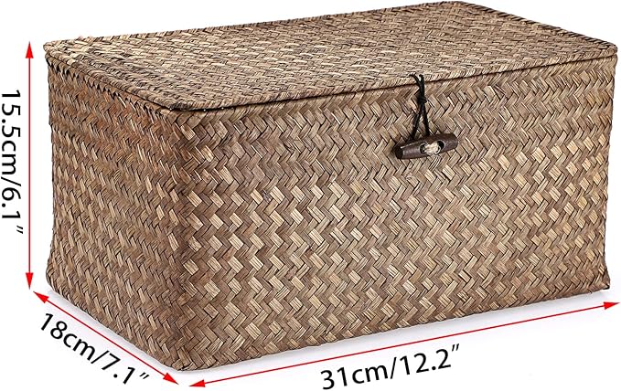 Hipiwe Wicker Shelf Baskets Bin with Lid, Handwoven Seagrass Basket Storage Bins Rectangular Household Basket Boxes for Shelf Wardrobe Home Organizer, Coffee Medium