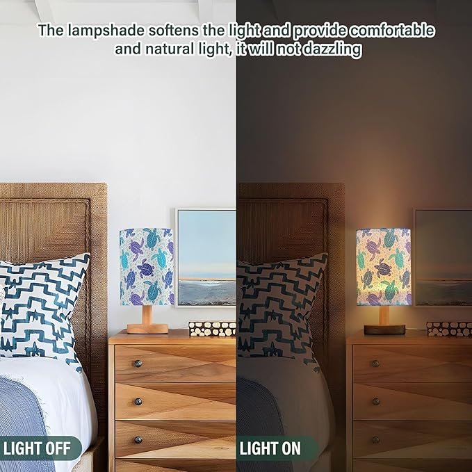 Table Lamp Sea Turtle Ocean Bubble Pattern Marine Animal World Turtles Nightstand Lamp with Wood Base Fabric Lamp Shade Bedside Desk Lamp for Living Room Bedroom Kids Room Office