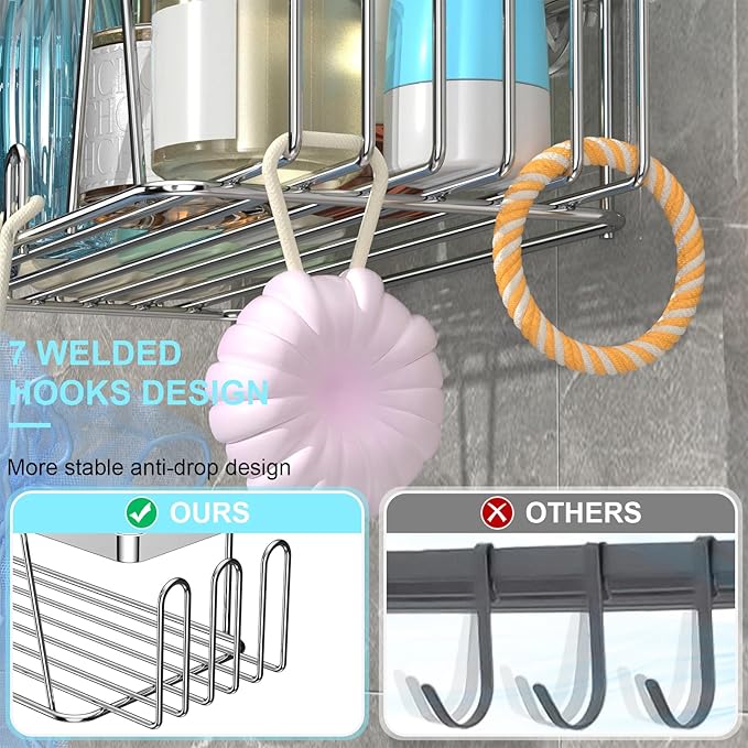 STEUGO Adhesive Shower Shelf, 5 Pack Shower Caddy with Soap Holder and Toothbrush Holder, Drill-Free Shower Shelves, Rustproof Stainless Steel Bathroom Shower Caddy,Silver