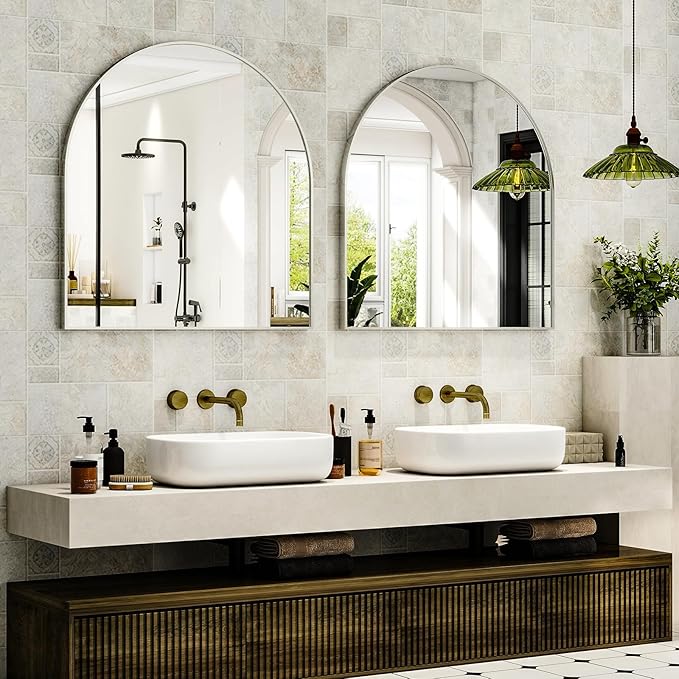 Arched Bathroom Mirror, 32x34 Inch - Wall Mounted Vanity Mirror with Aluminum Alloy Frame - Ideal for Living Room, Bedroom, Bathroom, and Entryway, Hanging or Leaning,Sliver