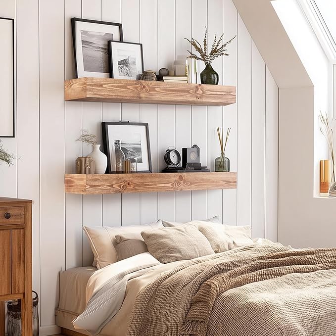 36x3x7 inch Floating Shelves Wall Mounted - Set of 2 Wood Rustic Solid Wood Wall Shelf - Heavy Duty Decorative Storage Shelves for Living Room, Bedroom, Bathroom, Kitchen