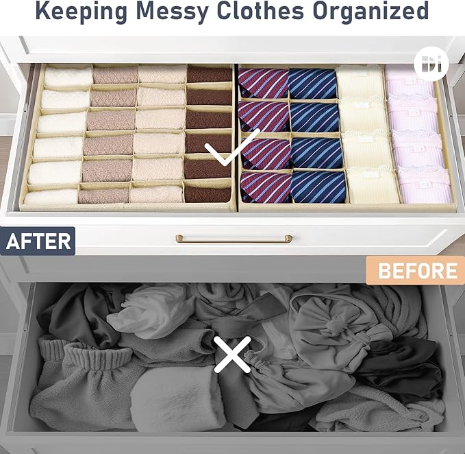 Joyoldelf Sock Drawer Organizer Divider 2 Packs Underwear Organizer, 24 Cell + 16 Cell Closet Organizers and Storage Sock Holders Organizers for Storing Socks, Handkerchiefs, Ties, Belts (Beige)