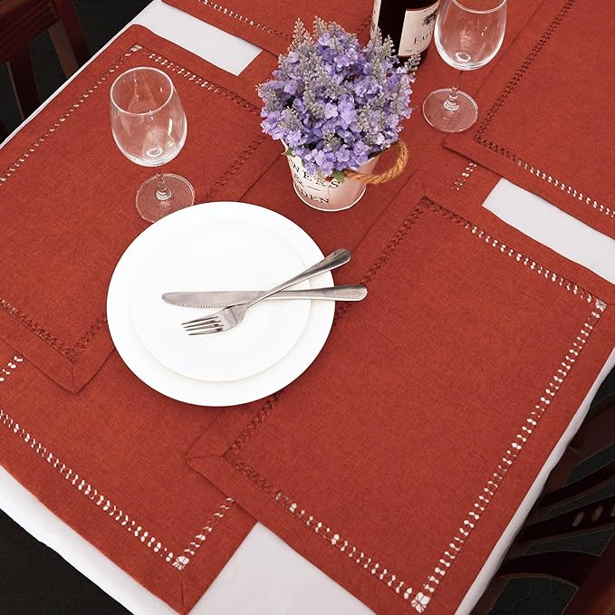 Grelucgo Handcrafted Solid Cinnamon Color Dining Table Placemats for Fall or Autumn, Double-Hemstitched (Cinnamon, 12 x 18 Placemats (Set of 4))