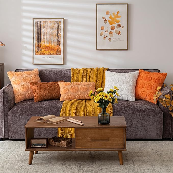 Pumpkin Fall Decorative Throw Pillow Covers 12"x20", Set of 2 Light Gold Soft Faux Fur Pillow Covers for Autumn Harvest, Fluffy Plush Accent Pillow Cases for Farmhouse Couch Cushion Covers