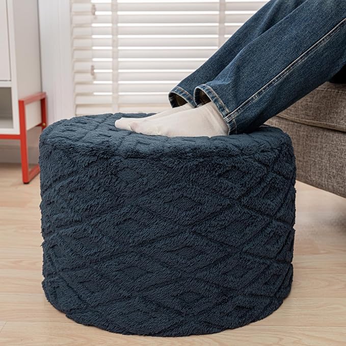 Fluffy Round Ottoman Pouf with All-in-One Foam Filling 20" x 14" Furry Ottoman Foot Rest Foot Stool for Living Room or Bedroom (Navy Blue)