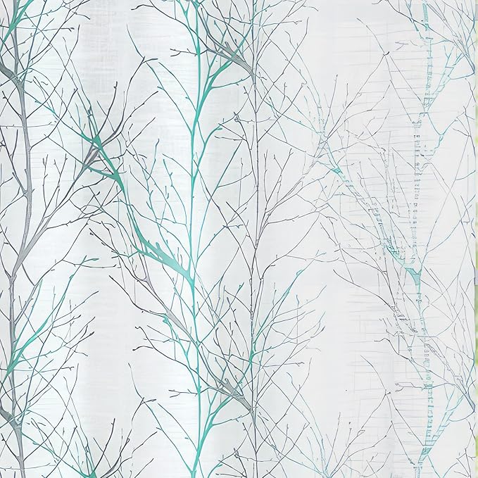 FMFUNCTEX Linen Semi Sheer Curtains for Bedroom, Auqa Blue White Curtains 96 Inches Long for Living Room, Grey Tree Branch Patterned Curtain Light Filtering Window Drapes, Grommet Top 2 Panels