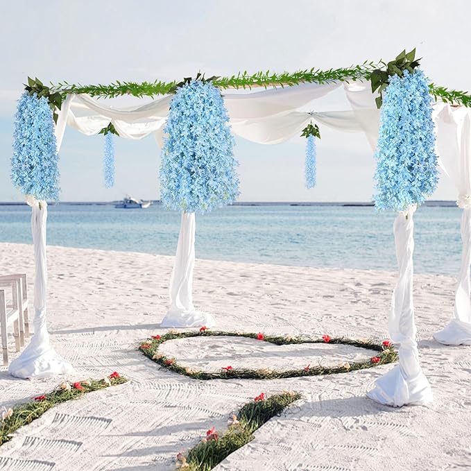 Artificial Lilac Flowers Garland 8Pcs-24Branches 33.5in Fake Syringa Wisteria Vines Faux Silk Lilac Hanging Floral Decoration for Indoor Outdoor Wedding Arch Birthday Party Garden Balcony (Blue)