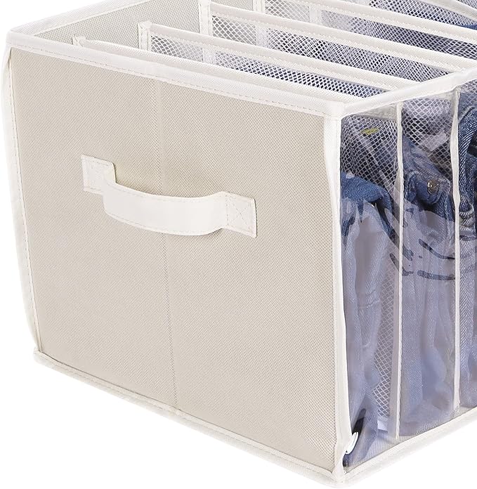 Zilink Upgraded Wardrobe Clothes Organizer with Support Board Clear Pants Organizer for Closet with 7 Grids Divider Extra Large Closet Drawer Organizer for Jean Pant Sweaters T-Shirt, 6 Pack, Beige
