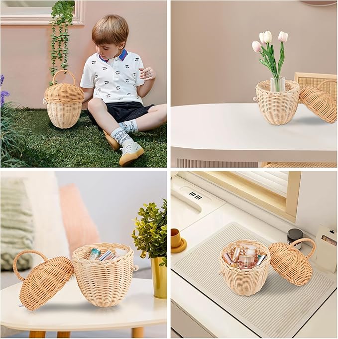 Handmade Wicker Rattan Mushroom-Shaped Storage Basket for Outdoor, Kids, Decor, Photography Props (Acorn-Shaped)