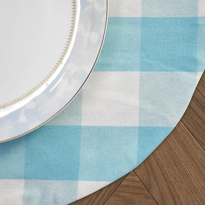 Sky Blue & White Cotton Buffalo Check Round Placemat, Set of 4, 15 Inch eco-Friendly Fabric Handcrafted Machine Washable Indoor & Outdoor Tablemat