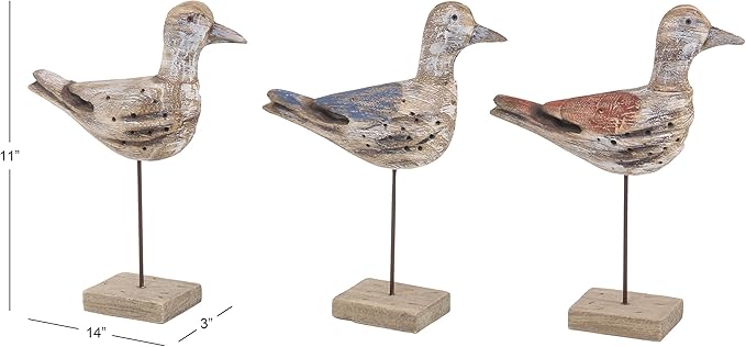Deco 79 Wood Bird Decorative Sculpture Home Decor Statues, Set of 3 Accent Figurines 11"W, 14"H, Brown