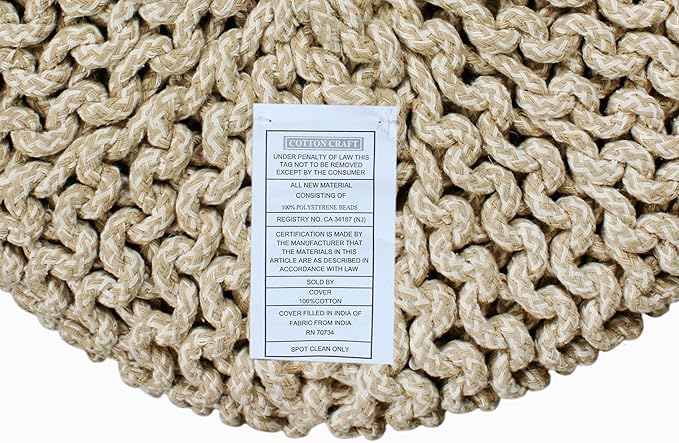 COTTON CRAFT Braided Round Pouf - Hand Knitted Cotton Tweed Cord Cable Dori Cylindrical Ottoman - Foot Stool Floor Pouf Footrest Accent Furniture - Family Room Bedroom Dorm Décor - 15" x 16" - Natural