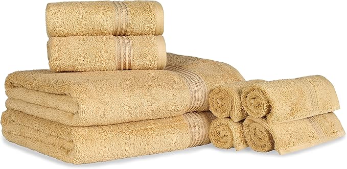 Superior Egyptian Cotton 8-Piece Towel Set, Assorted Towels for Home Bathroom, Guest Bath Decor Essentials, Includes 2 Bath, 4 Hand, 2 Face Towels/Washcloths, Quick Dry, Absorbent, Gold
