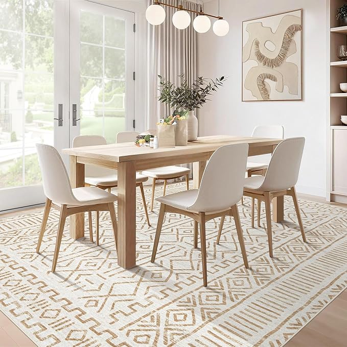 6x9 Area Rug Living Room: Washable Boho Geometric Moroccan Rug Neutral Modern Farmhouse Indoor Soft Non Slip Ultra Thin Printed Pattern Carpet for Dining Room Bedroom Nursery Home (BeigeBrown, 6'x9')