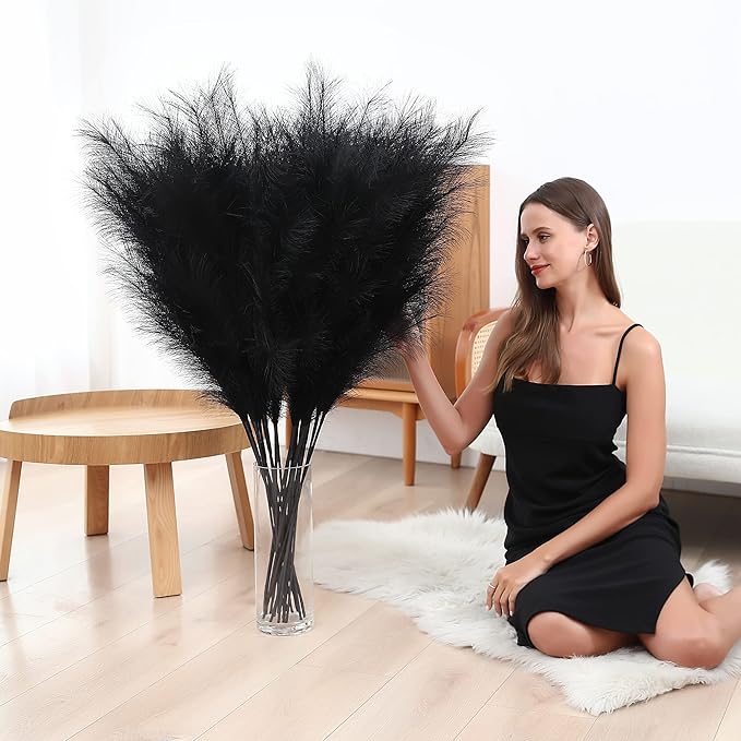 8 Pcs 45 inch Tall Faux Pampas Grass Decor, Large Artificial Black Pompous Grass Bulk, Long Fake Pompas for Floor Vase Filler, Wedding, Baby Shower, Home and Boho Decor (Black)
