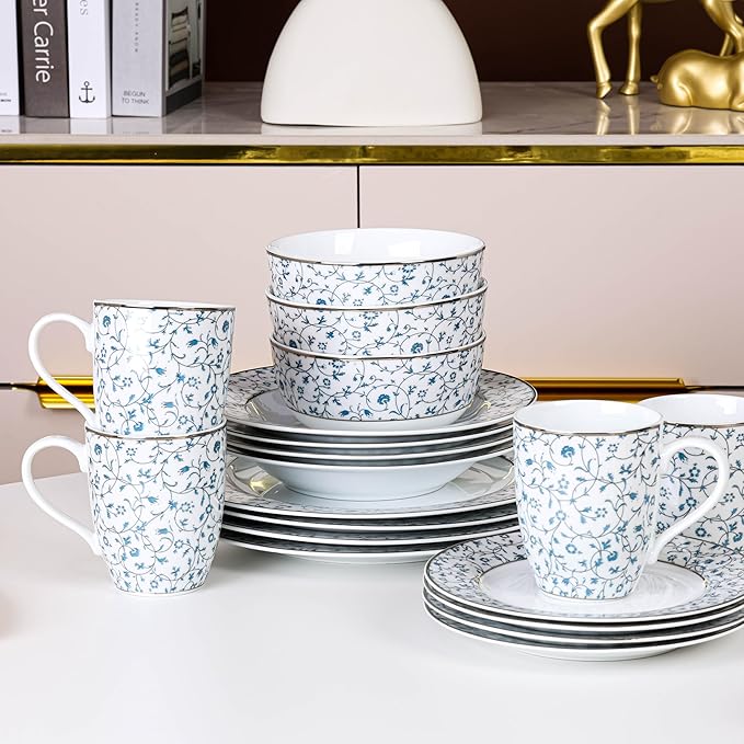 20-Piece Dinnerware Set for 4 - Blue and White Floral Design, Hand-Gilded Gold Rim