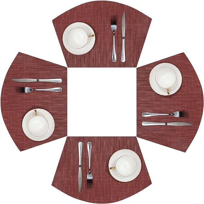 SHACOS Small Round Table Placemats Set of 4 Wedge Placemats Burgundy Red Heat Resistant Table Mats Wipe Clean (4, Burgundy Red)