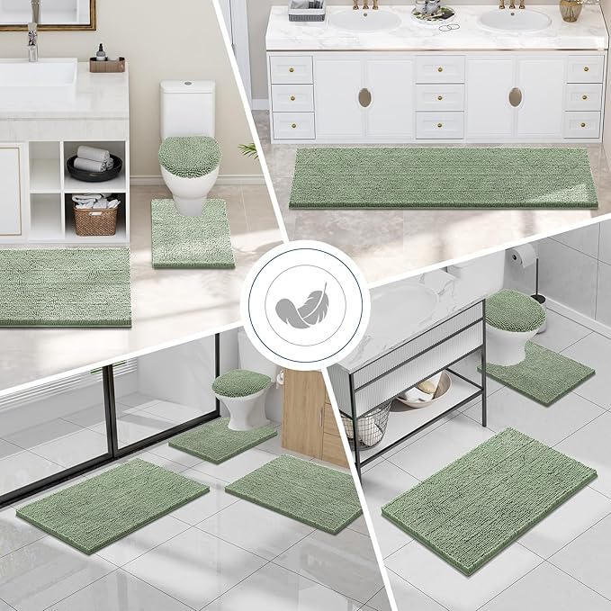 Smiry Luxury Chenille Bathroom Rugs 30x20, Extra Soft and Absorbent Shaggy Bath Mat, Machine Washable, Non-Slip Plush Carpet Runner for Tub, Shower, and Floor, Home Decor Accessories, Sage Green
