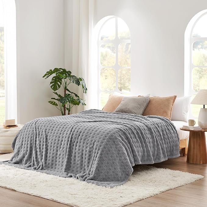 Cozy Bliss Ultra Soft Waffle Blanket - Lightweight Cozy Blankets Gift for Women,Cute Checkered Throws Blanket for Bed, Couch and Sofa,Grey,50x60 Inches