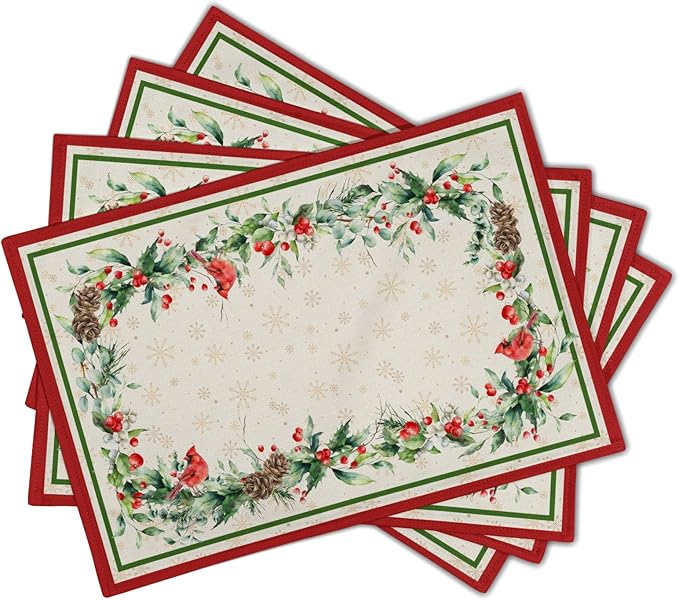 Winter Holly Branches Placemats Set of 4, Xmas Red Birds Pine Cone Dining Table Place Mats Linen Fabric Desk Top 12 x 18 Inch for Seasonal Holiday Home Kitchen Decor