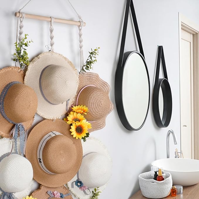 Macrame Hat Hangers for Wall Wide Brimmed Hat Holder Storage 10 Clips Hat Rack Organizer for Wall Display Boho Decor for Fedora Sun Hats Straw Panama Closet Bedroom Gifts for Mom
