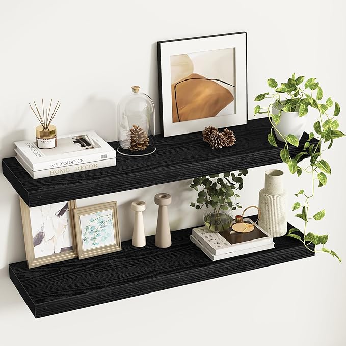 36Inch Floating Shelves, 9.3Inch Deep Rustic Wall Shelves - Extra Deeper & Thicker Wall Mounted Storage Shelf for Kitchen, Farmhouse - Set of 2 - Rustic Black