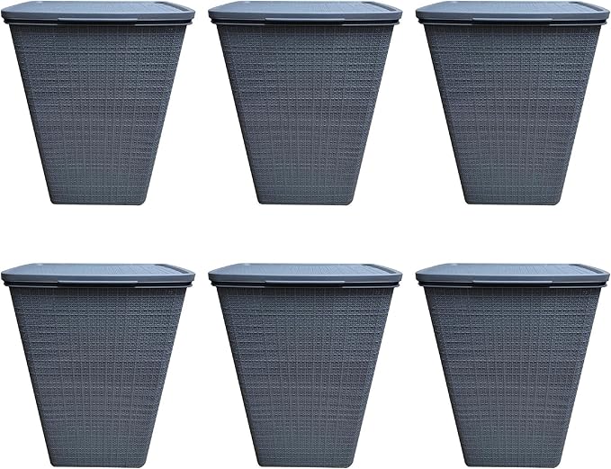 YBM Home Plastic Rattan Laundry Hamper Basket with Hinged Lid, Ventilation Holes, Durable, Lightweight Bin With Cutout Handles, Storage Dirty Clothes, Space Saver, 16.75" x 13.5" x 23.75", Grey,6-Pack