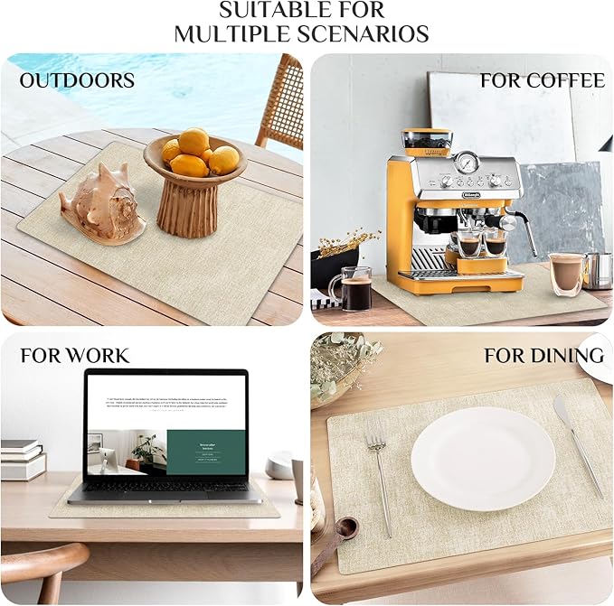 Softalker Faux Leather Placemats Set of 6-Vinyl Heat Resistant Place Mats, 100% Waterproof Oilproof Wipe Clean Table Mats for Indoor & Outdoor Use, 17’’×12’’, Beige