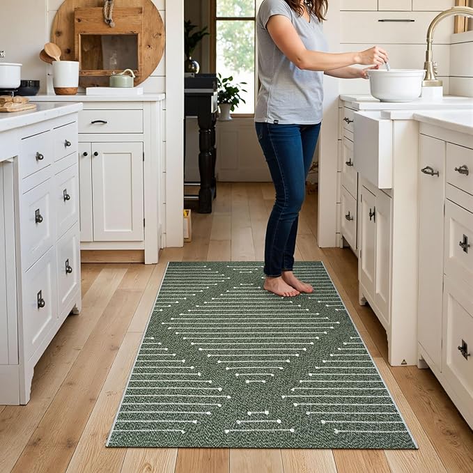 LIVEBOX Boho Green Rug for Entryway Indoor, 2.3' x 3.6' Washable Kitchen Rugs Moroccan Front Door Rug Outdoor Doormat, Hand-Woven Area Rug Carpet for Layered Entrance Porch Bathroom(Green & White)