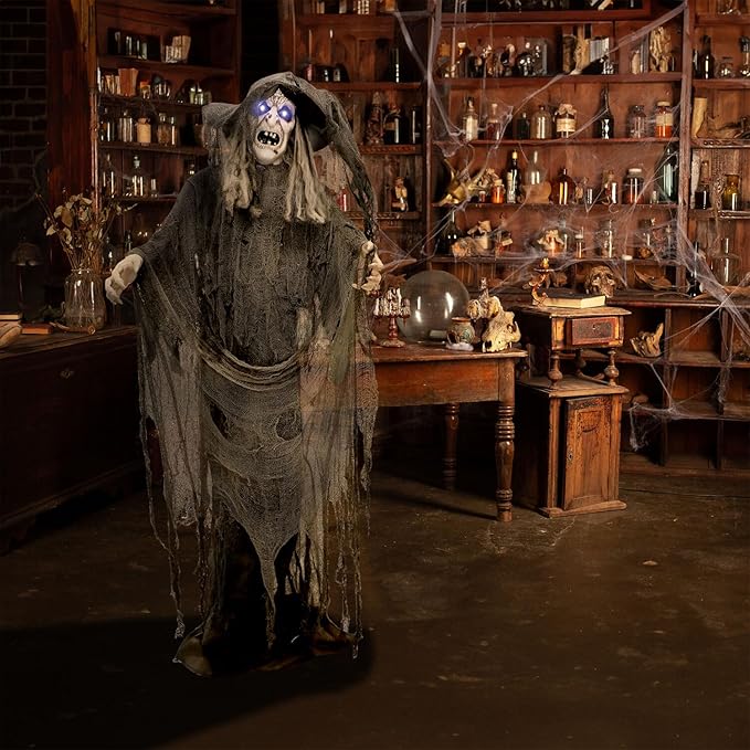 Haunted Hill Farm Life-Size Animatronic Scary Talking Witch with Touch Activated Lights and Sound, Indoor or Covered Outdoor Creepy Halloween Decorations for Home or Haunted House, Battery Operated