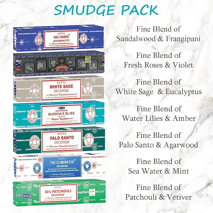 Satya Incense Sticks Gift Set, 7 Scents, Nag Champa, Super Hit, Dragon's Blood, Sandalwood, Patchouli, Lavender, Positive Vibes, 15g Each (Smudge)