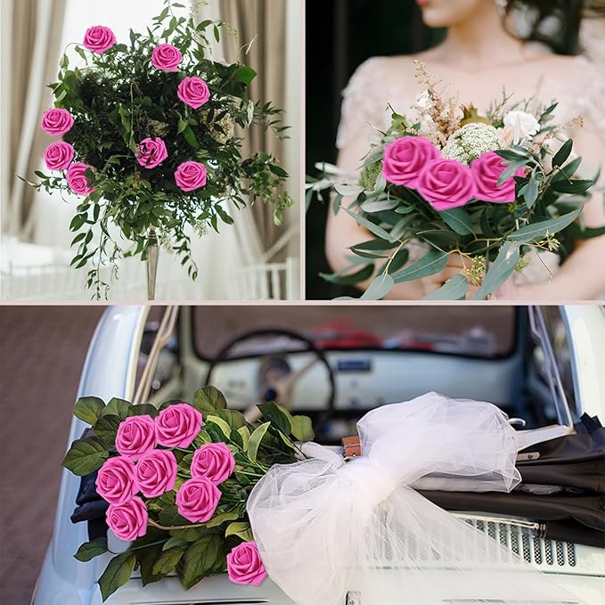 Artificial Flowers Roses Real Looking Foam Fake Roses with Leaves and for DIY Wedding Bouquets Bridal Shower Centerpieces Party Decorations (Hot Pink, 100)