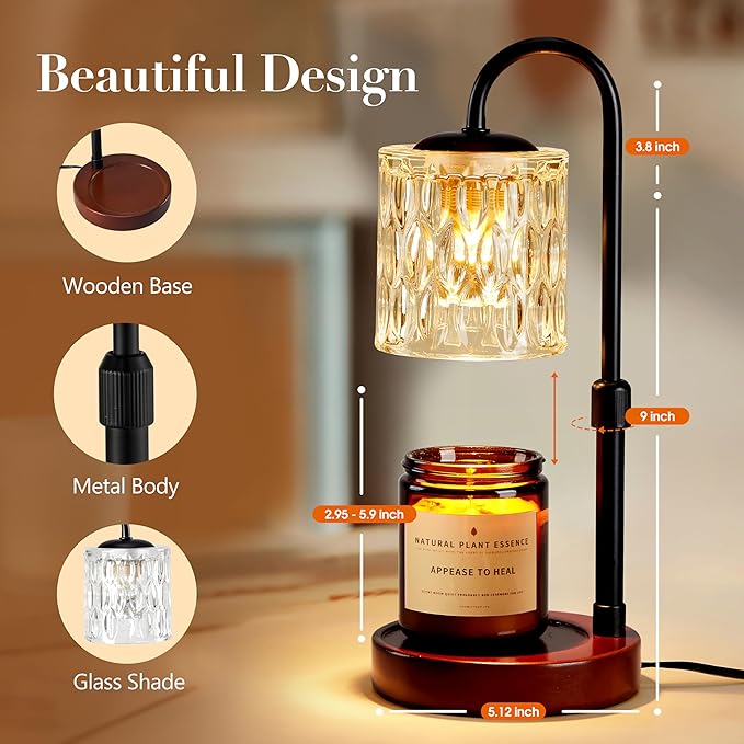 Briever Dimmable Candle Warmer Lamp with Timer, Height Adjustable Electric Candle Wax Warmer for Jar Candles, Top-Down Light Heat Melting Wax with 2 Bulbs, Walnut Solid Wood Base for Home Decor Gifts