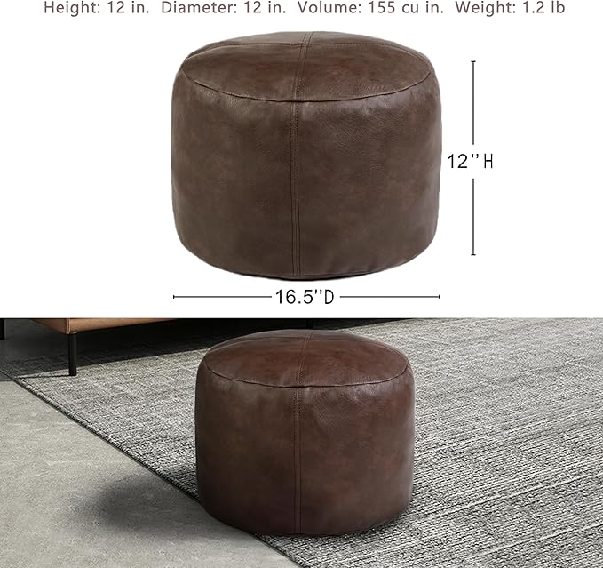 Thgonwid Unstuffed Faux Leather Pouf Cover, Handmade Footstool Ottoman Storage Solution, Floor Footrest Cushion - 16.5”Dx12”H, Matte Coffee